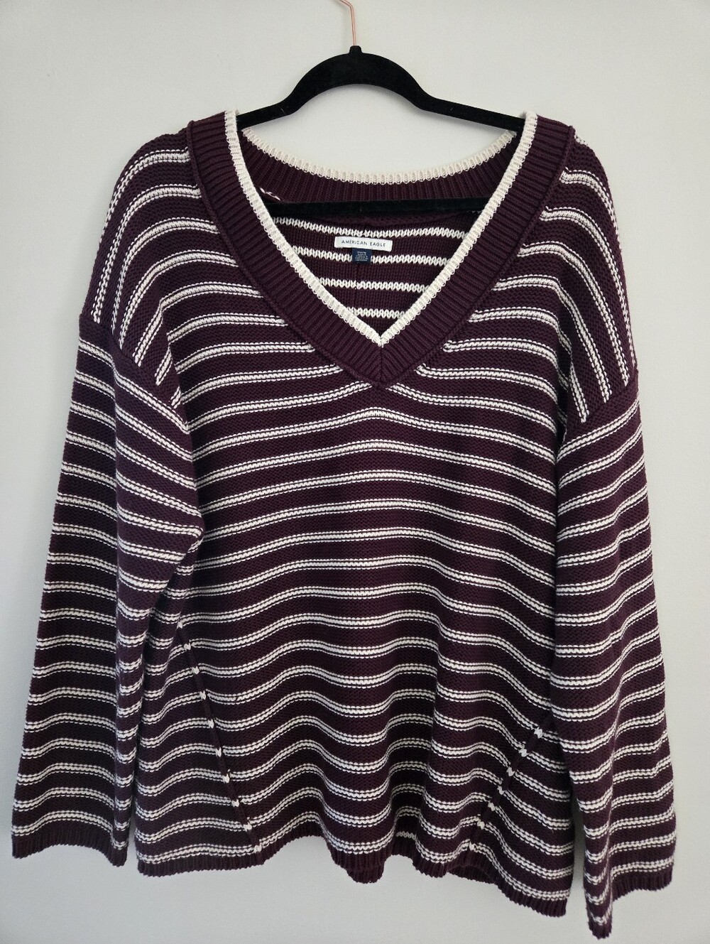 American Eagle Burgundy & Cream Striped Knit Sweater